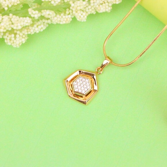"Geometric Rose Gold Pendant with Crystal Hexagon, XPPT1575 - Picture 11 of 13